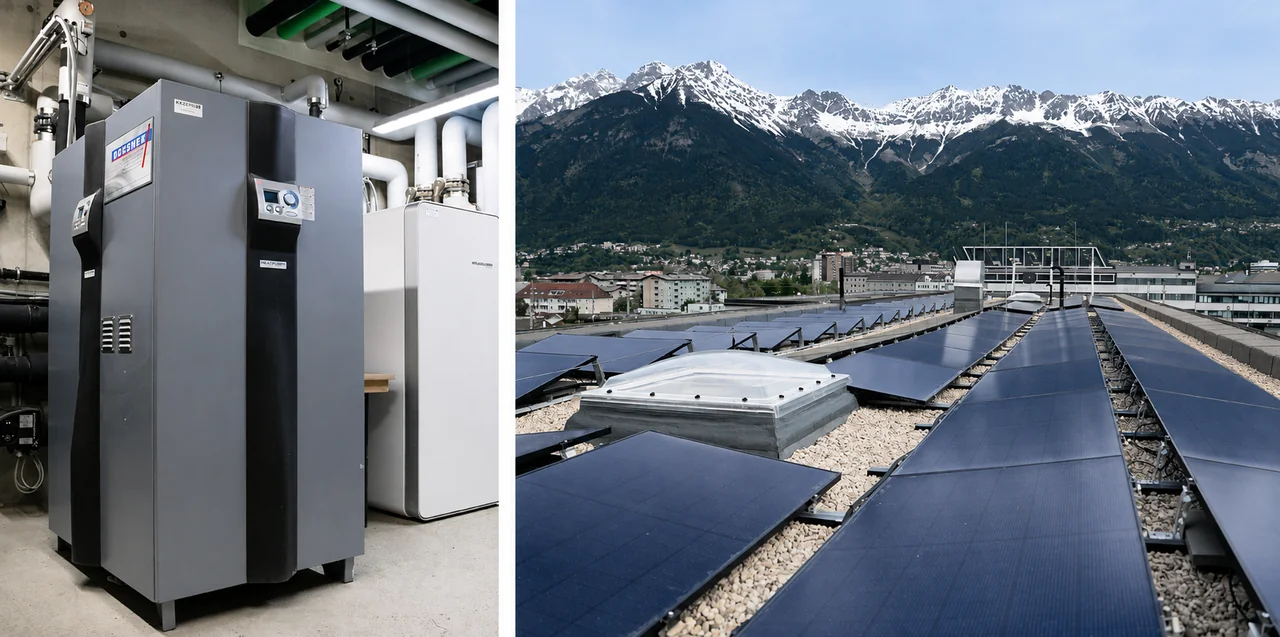 Varmepumpe og solcelleanlæg på taget af STASTO i Innsbruck