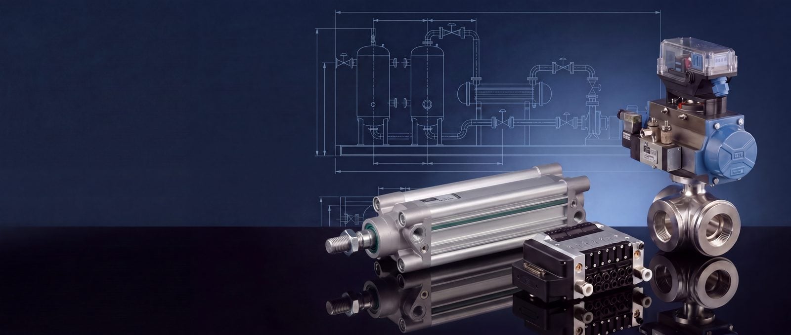 Pneumatic cylinder, valve manifold and ball valve with rotary actuator over a technical drawing